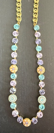 MARIANA NECKLACE BLUE MOON: lavender, blue, pearl stones in yellow gold setting, 17" adjustable chain