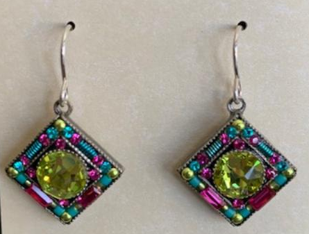 FIREFLY EARRINGS CONTESSA GEOMETRIC DIAMOND CG: citrus green stones in 1/2" silver setting, french wire backs