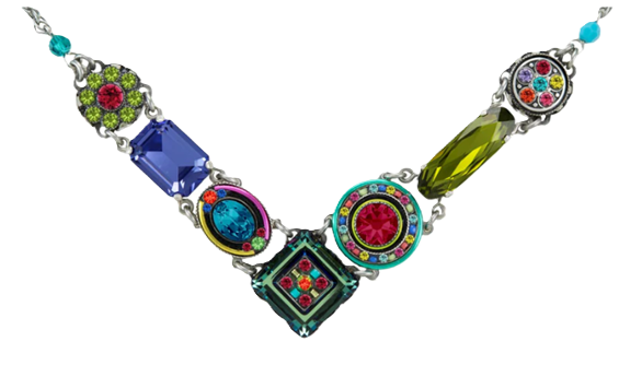 FIREFLY NECKLACE LA DOLCE VITA MULTI: blue, fucshia, green, red stones in silver setting, 18" adjustable chain