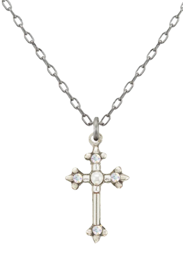 FIREFLY NECKLACE DAINTY CROSS WHITE PEARL: white stones in 16" adjustable 1/2" silver setting