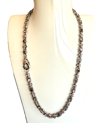 MARIANA NECKLACE BLACK VELVET: black, pink stones in silver setting, 18" adjustable chain
