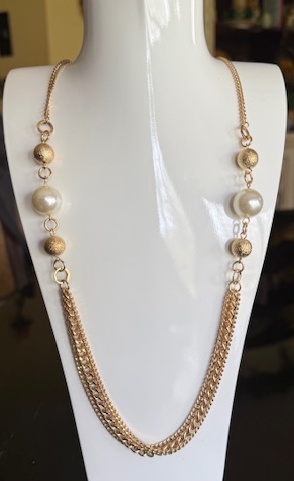 FAUX PEARL GOLD BALL NECKLACE, LONG ADJUSTABLE GOLD CHAIN