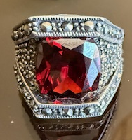 STERLING SILVER MARCASITE RED EMERALD CUT RING