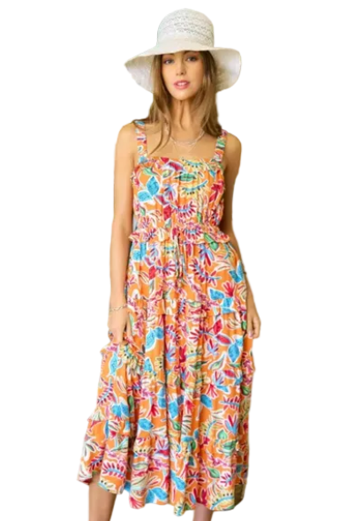 TIERED RUFFLED MIDI DRESS ORANGE PRINT, FULLY LINED