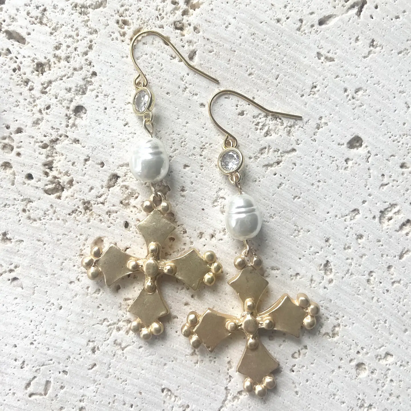 VB&CO GOLD CROSS PEARL EARRINGS