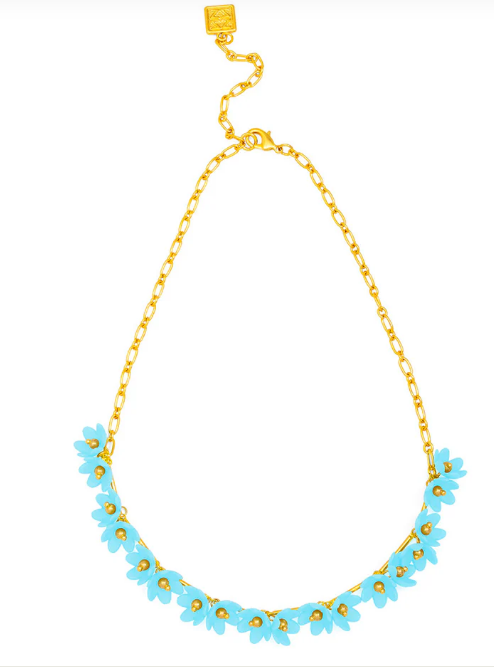 PETITE BLUE FLOWER CLUSTER NECKLACE, 20" GOLD ADJUSABLE CHAIN