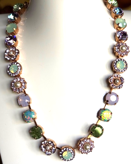 MARIANA NECKLACE MINT CHIP: green, lavender, pearl, simulated opal 1/2" stones in rosegold setting, 18" adjustable chain