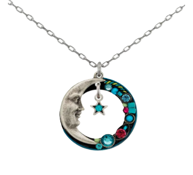 FIREFLY NECKLACE LUNA HOOP INDICOLITE: multi color stones in 3/4" pendant, silver 18" adjustable chain