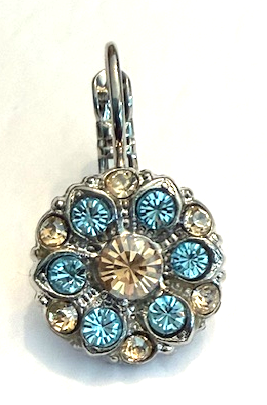 MARIANA EARRINGS FIRST TOAST: blue, amber stones in 1/2" silver rhodium setting, lever back