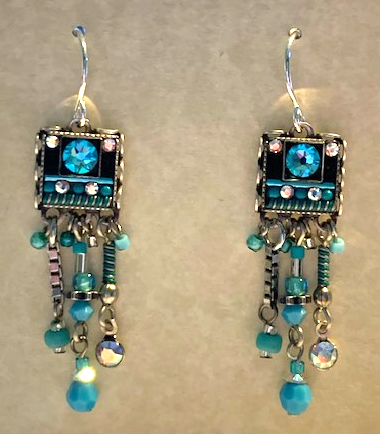 FIREFLY EARRINGS MILANO LONG FRINGE ICE: multi color stones in 1.25" silver setting, wire backs