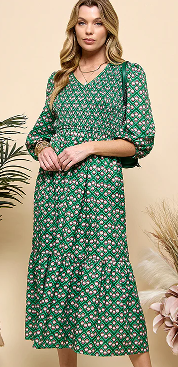 GREEN PRINT SMOCKED MIDI DRESS, RUFFLE BOTTOM, NO ZIPPER