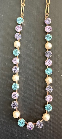 MARIANA NECKLACE BETTE BLUE MOON: purple, blue, pearl 1/4" stones in rosegold setting, 17" adjustable chain
