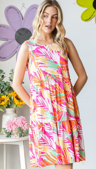 TIERED SLEEVELESS HOT PINK MULTI PRINT DRESS PLUS SIZE