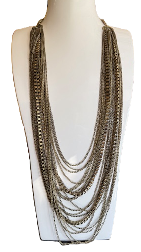 ANTIQUE GOLDTONE MULTICHAIN LONG NECKLACE, ADJUSTABLE GOLD CHAIN
