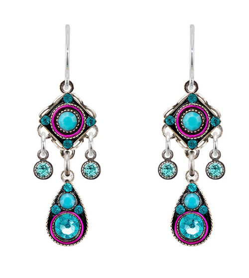FIREFLY EARRINGS PETITE 2 TIER TURQ: multi color stones in 1" silver setting, wire backs