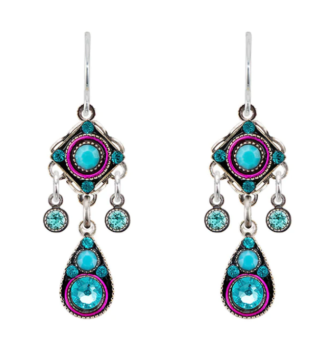 FIREFLY EARRINGS PETITE 2 TIER TURQ: multi color stones in 1" silver setting, wire backs