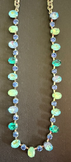 MARIANA NECKLACE SERENITY: blue, teal, pacific opal, sun kissed stones in silver rhodium setting, 18" adjustable chain