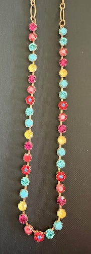 MARIANA NECKLACE PRETTY WOMAN: pink, red, blue, yellow 1/4" stones in rose gold setting, 18" adjustable chain
