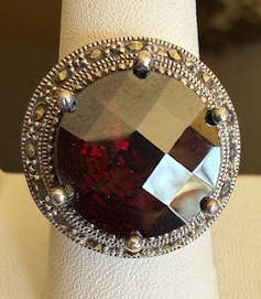 STERLING SILVER MARCASITE RED FACET RING