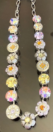 MARIANA NECKLACE DAWN: lavender, yellow, amber, pearl 1/2"stones in silver rhodium setting, 17" adjustable chain