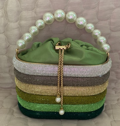 NEW YORK RHINESTONE PEARL GREEN GLITTER EVENING BAG 59899