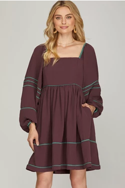 EGGPLANT LONG SLEEVE DRESS WITH CONTRAST BINDING DETAIL, SMOCKED BACK