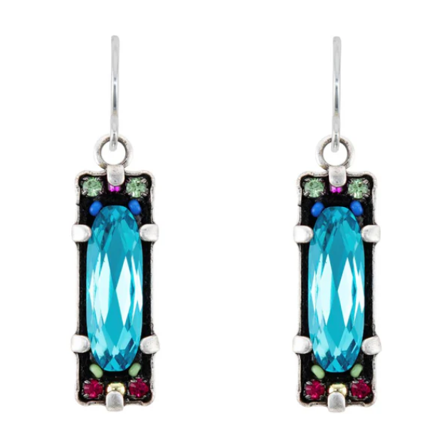 FIREFLY EARRINGS CRYSTAL OBLONG LIGHT TURQ: multi color stones in 3/4" silver setting, wire backs