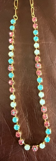 MARIANA NECKLACE BANANA SPLIT: white, pink, blue 1/4" stones in yellow gold setting, 18" adjustable chain