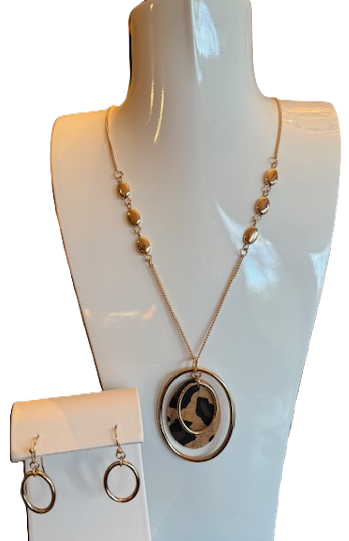 OVAL CORK NECKLACE/EARRING SET, LONG GOLD ADJUSTABLE CHAIN