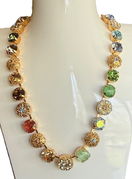 MARIANA NECKLACE FORGET ME NOT: blue, green, amber, pink, lavender 3/8" stones in yellow gold setting, adjustable 17" chain