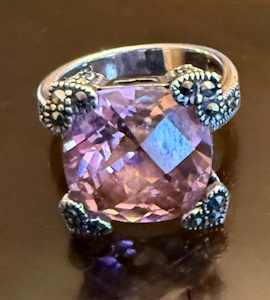 STERLING SILVER MARCASITE PINKSTONE RING