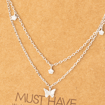 PETITE LAYERED BUTTERFLY CHARM NECKLACE SILVER