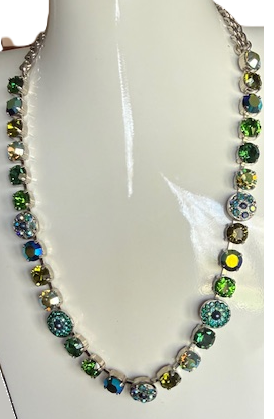 MARIANA NECK:  green, aqua, navy, a/b 1/4" stones in silver setting, 18" adjustable chain