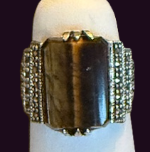 STERLING SILVER MARCASITE BROWN NATURAL STONE RING