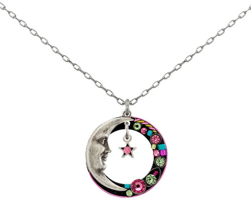 FIREFLY NECKLACE LUNA HOOP ROSE: multi color stones in 3/4" pendant, silver 18" adjustable chain