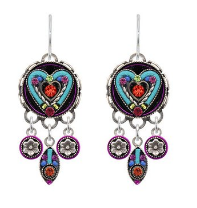 FIREFLY EARRINGS HEART W/DROPS: multi color stones in 1" silver setting, wire backs