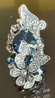 DARK SAPPHIRE BLUE SILVER BUTTERFLY RING, ELASTIC SILVER BAND O/S, 1.5" LONG