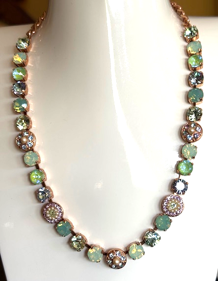 MARIANA NECKLACE MINT CHIP: pacific opal, lavender, pearl, green stones in rose gold setting, 17" adjustable chain
