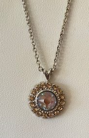 MARIANA PENDANT BUTTER PECAN: pink, amber stones in silver rhodium setting, 1/2" pendant, 20" adjustable chain