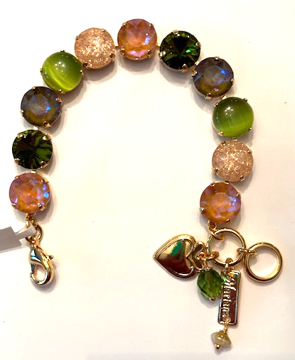 MARIANA BRACELET OLIVE GARNISH: green, cats eye, peach, ice 1/2" stones in yellow gold setting