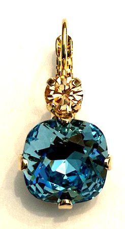 MARIANA EARRINGS FIRST TOAST: blue, amber stones in 3/4" yellow gold setting, lever back
