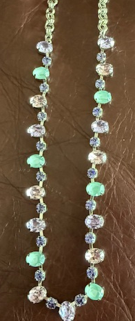 MARIANA NECKLACE MATCHA: purple, green, pink stones in silver rhodium setting, 18" adjustable chain