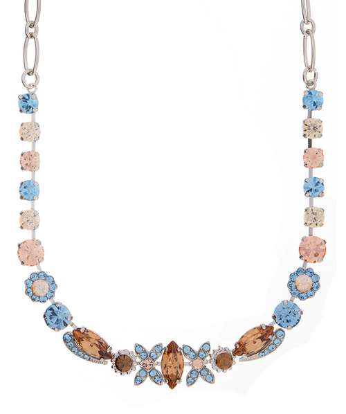 MARIANA NECKLACE FIRST TOAST: blue, amber stones in silver rhodium setting, 18" adjustable chain