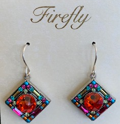 FIREFLY EARRINGS CONTESSA GEOMETRIC DIAMOND MC: mutil color stones in 1/2" silver setting, french wire backs