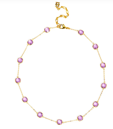 CRYSTAL COLLAR NECKLACE LAVENDER, 21" LONG, ADJUSTABLE GOLD CHAIN