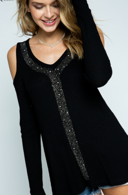 BLACK COLD SHOULDER TOP WITH BLING, WAFFLE TEXTURE FABRIC