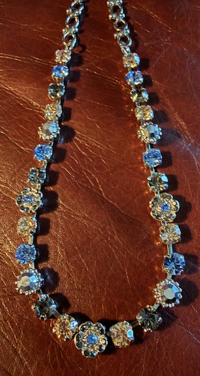 MARIANA NECKLACE MORNING MIST: blue, amber, taupe, silver 1/4" stones in silver rhodium setting, 20" adjustable chain