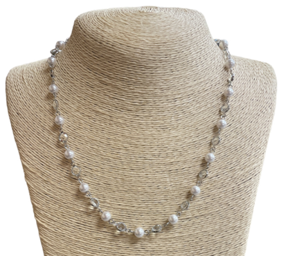 CRYSTAL & PEARL SHORT NECKLACE SILVER