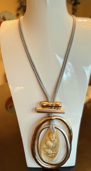 GRAY CORD NECKLACE SILVER/GOLD CIRCLES, TINY SHELLS UNDER GLASS, LONG ADJUSTABLE CHAIN
