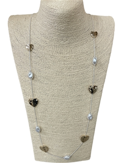 HAMMERED GOLD HEART-PEARL NECKLACE LONG SILVER CHAIN